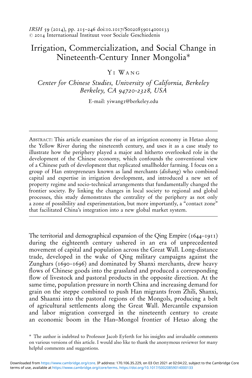 Irrigation, Commercialization, and Social Change in Nineteenth-Century Inner Mongolia*