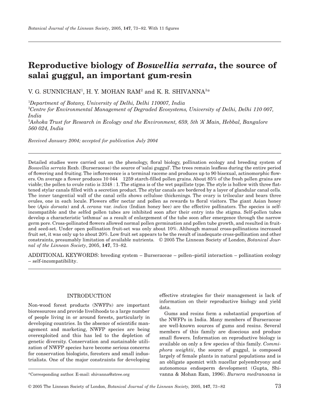 Reproductive Biology of Boswellia Serrata, the Source of Salai Guggul, an Important Gum-Resin