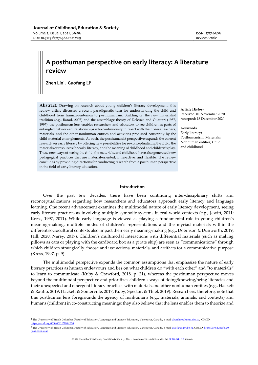 A Posthuman Perspective on Early Literacy: a Literature Review