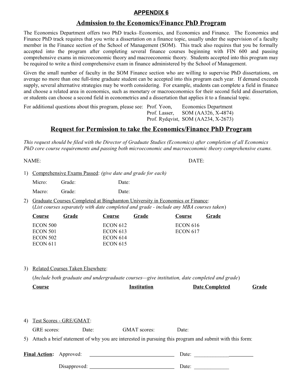 Request for Permission to Take Economics/Finance Phd Program