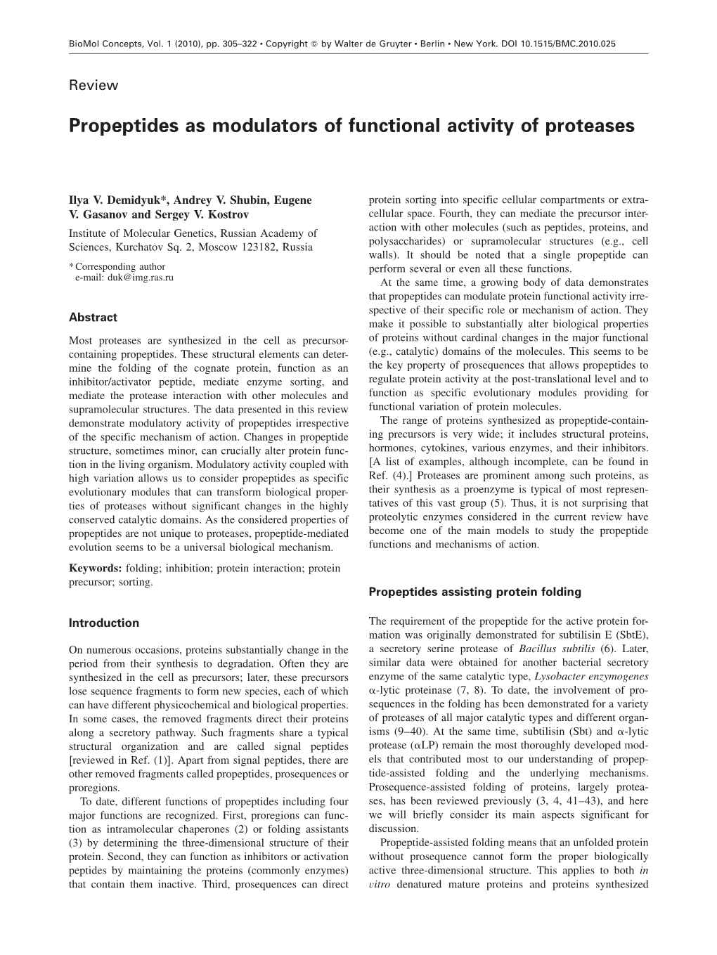 Propeptides As Modulators of Functional Activity of Proteases