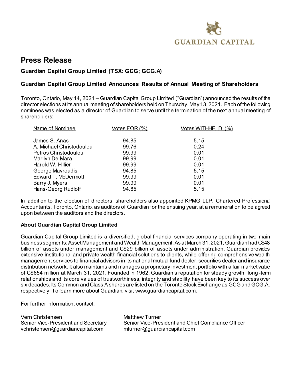 Guardian Capital Group Limited Announces Results of Annual Meeting of Shareholders