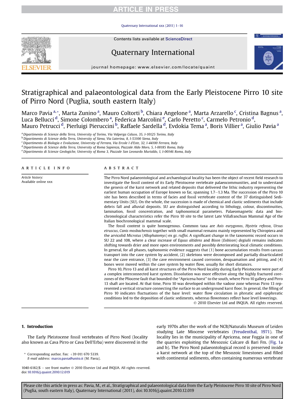 Stratigraphical and Palaeontological Data from the Early Pleistocene Pirro 10 Site of Pirro Nord (Puglia, South Eastern Italy)