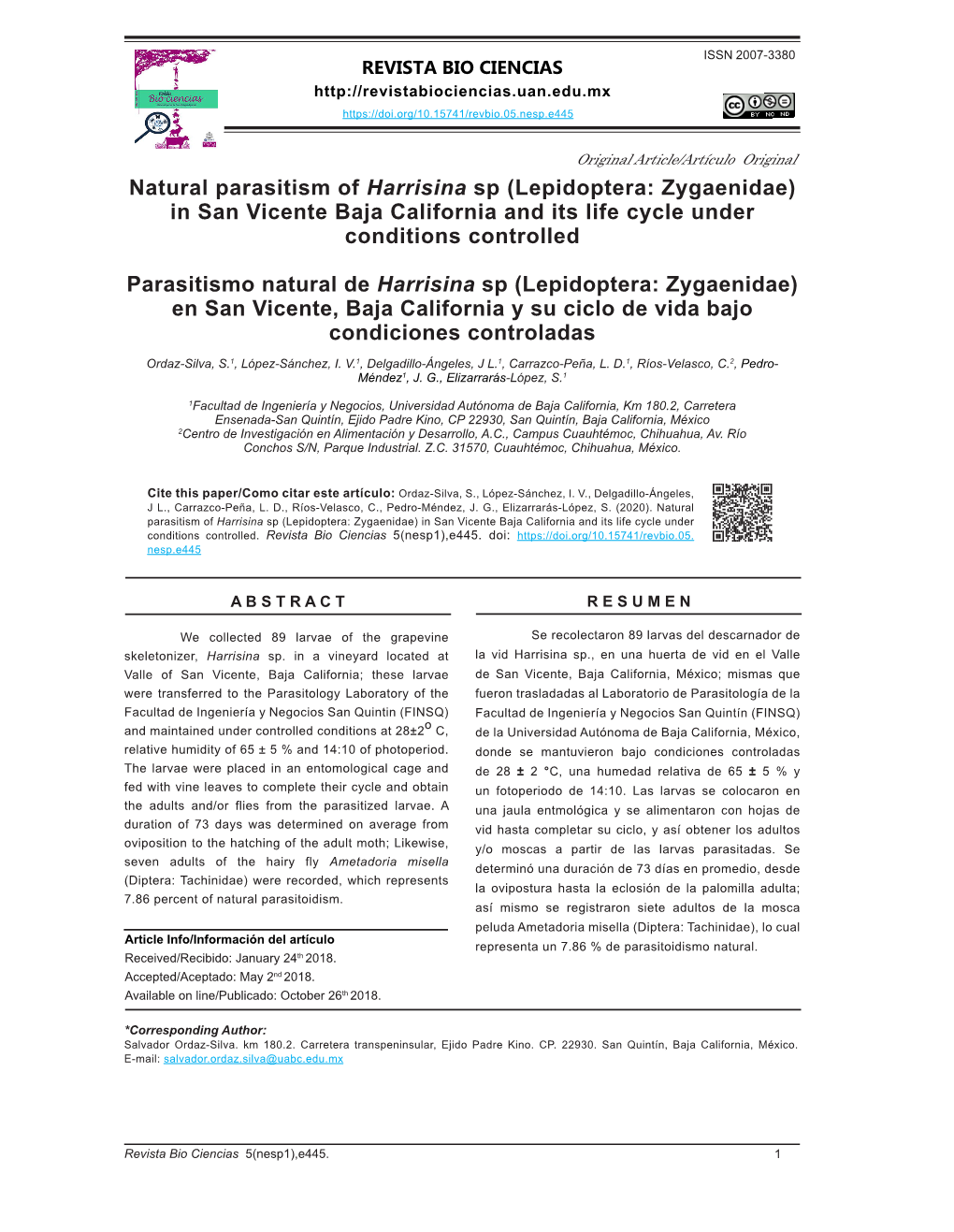 Natural Parasitism of Harrisina Sp (Lepidoptera: Zygaenidae) in San Vicente Baja California and Its Life Cycle Under Conditions Controlled