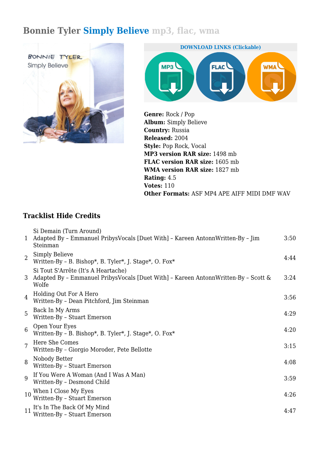 Bonnie Tyler Simply Believe Mp3, Flac, Wma