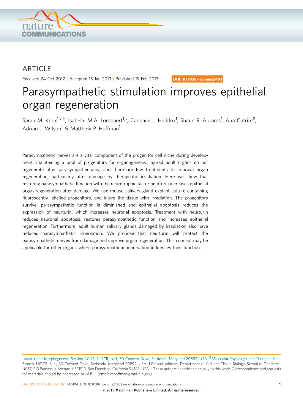 Parasympathetic Stimulation Improves Epithelial Organ Regeneration