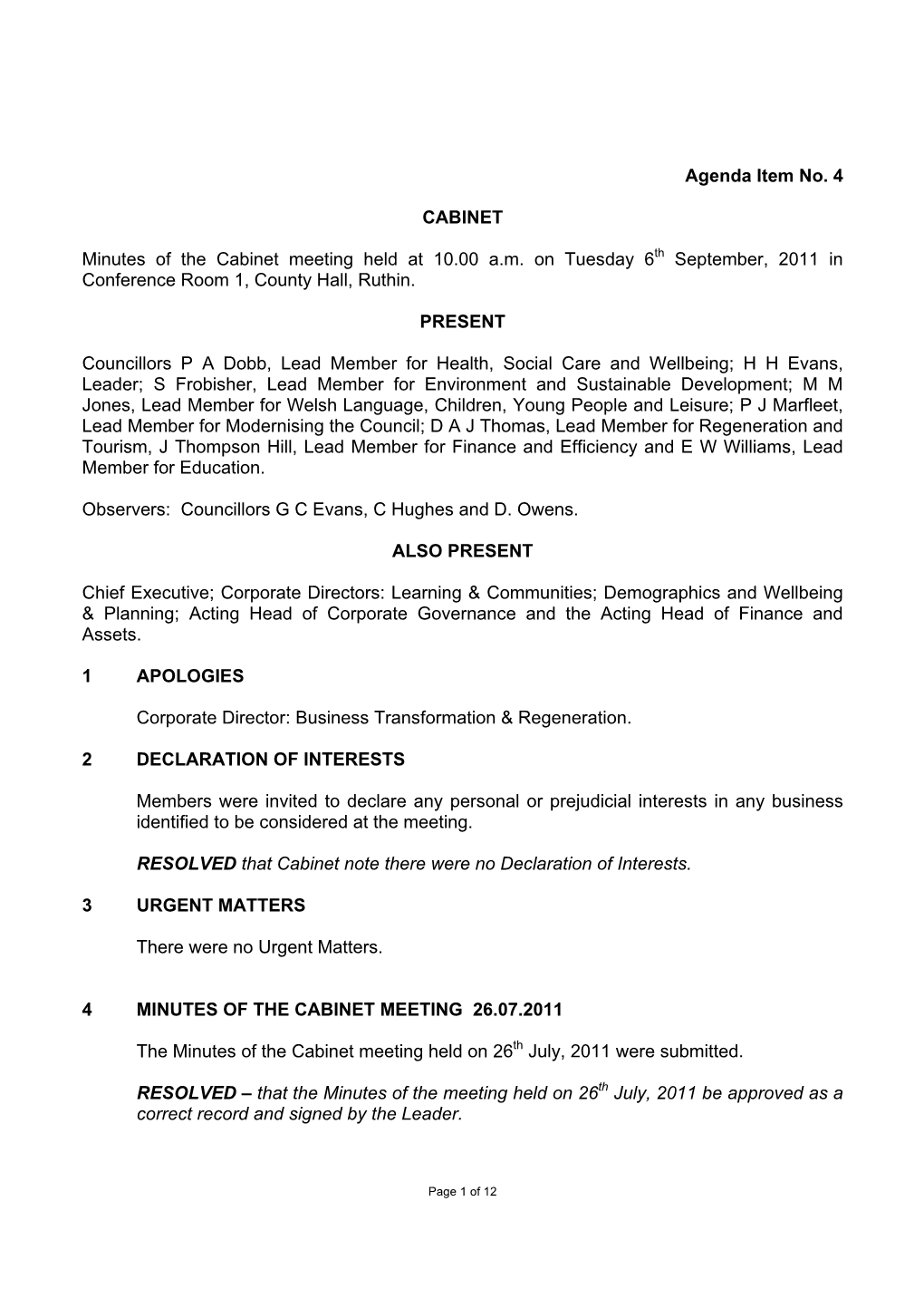 Agenda Item No. 4 CABINET Minutes Of