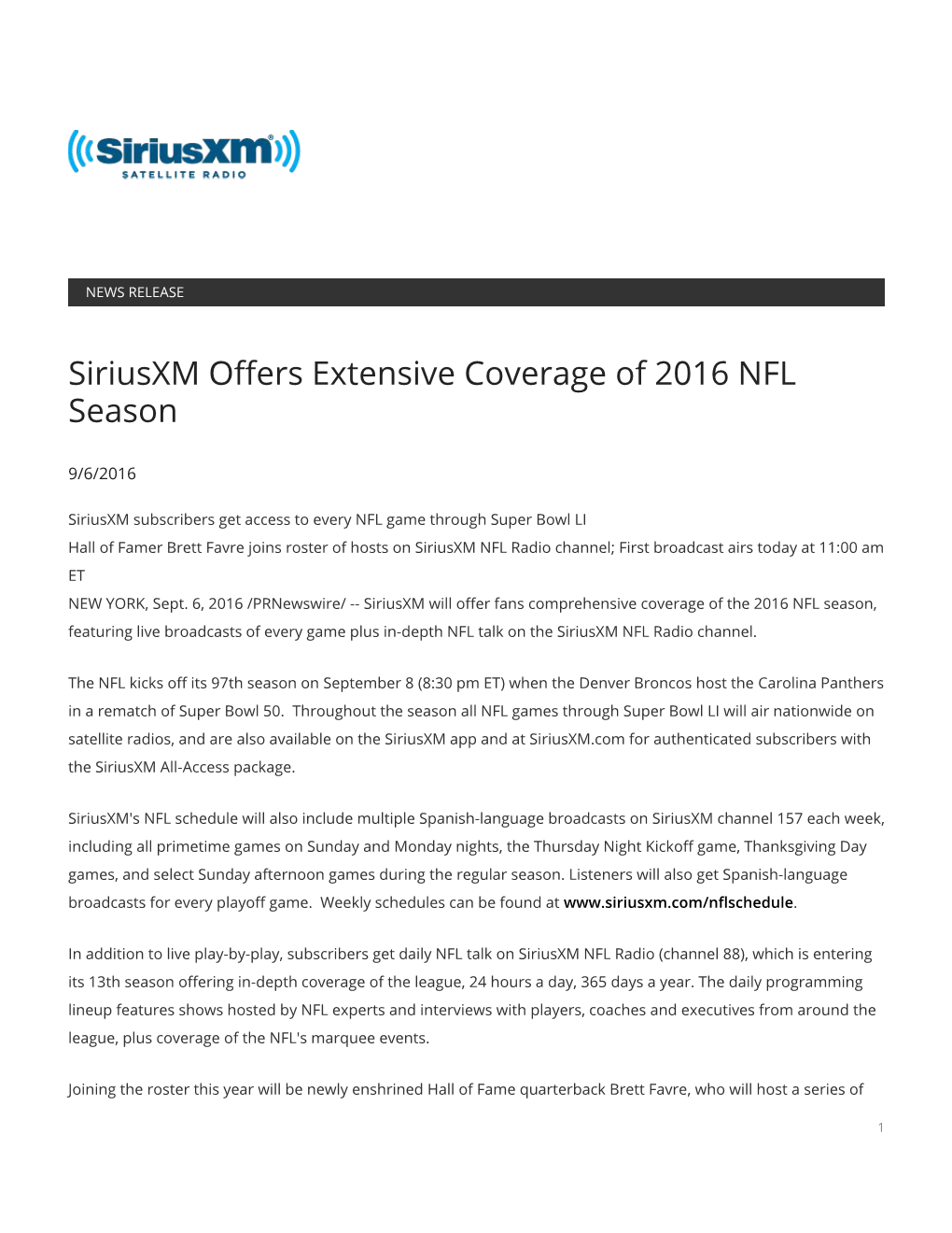 Siriusxm Offers Extensive Coverage of 2016 NFL Season