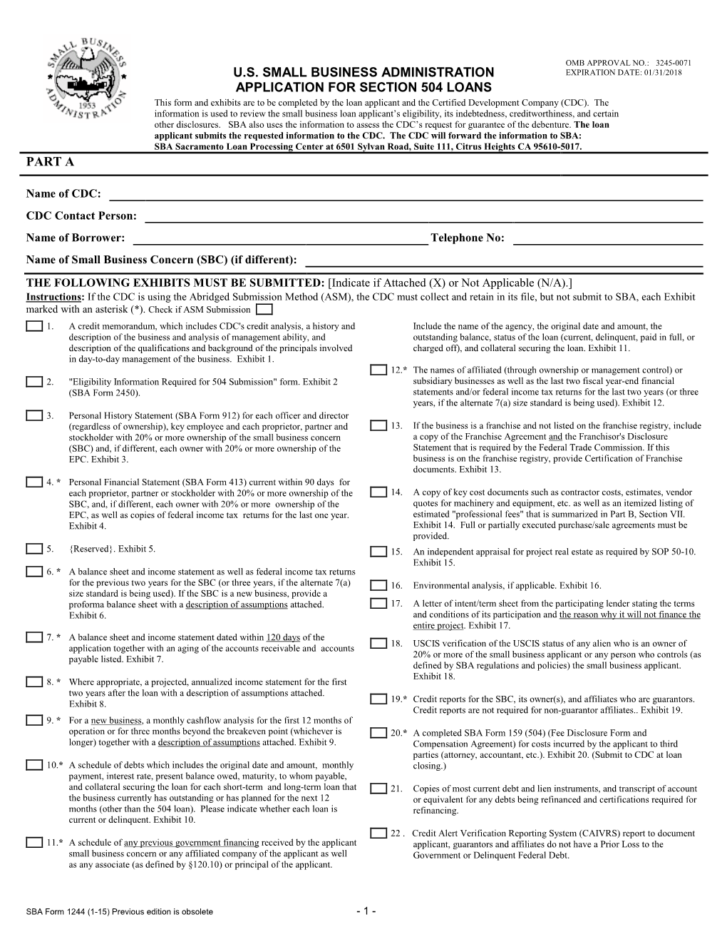 SBA Form 1244 (1 -15) Previous Edition Is Obsolete - 1