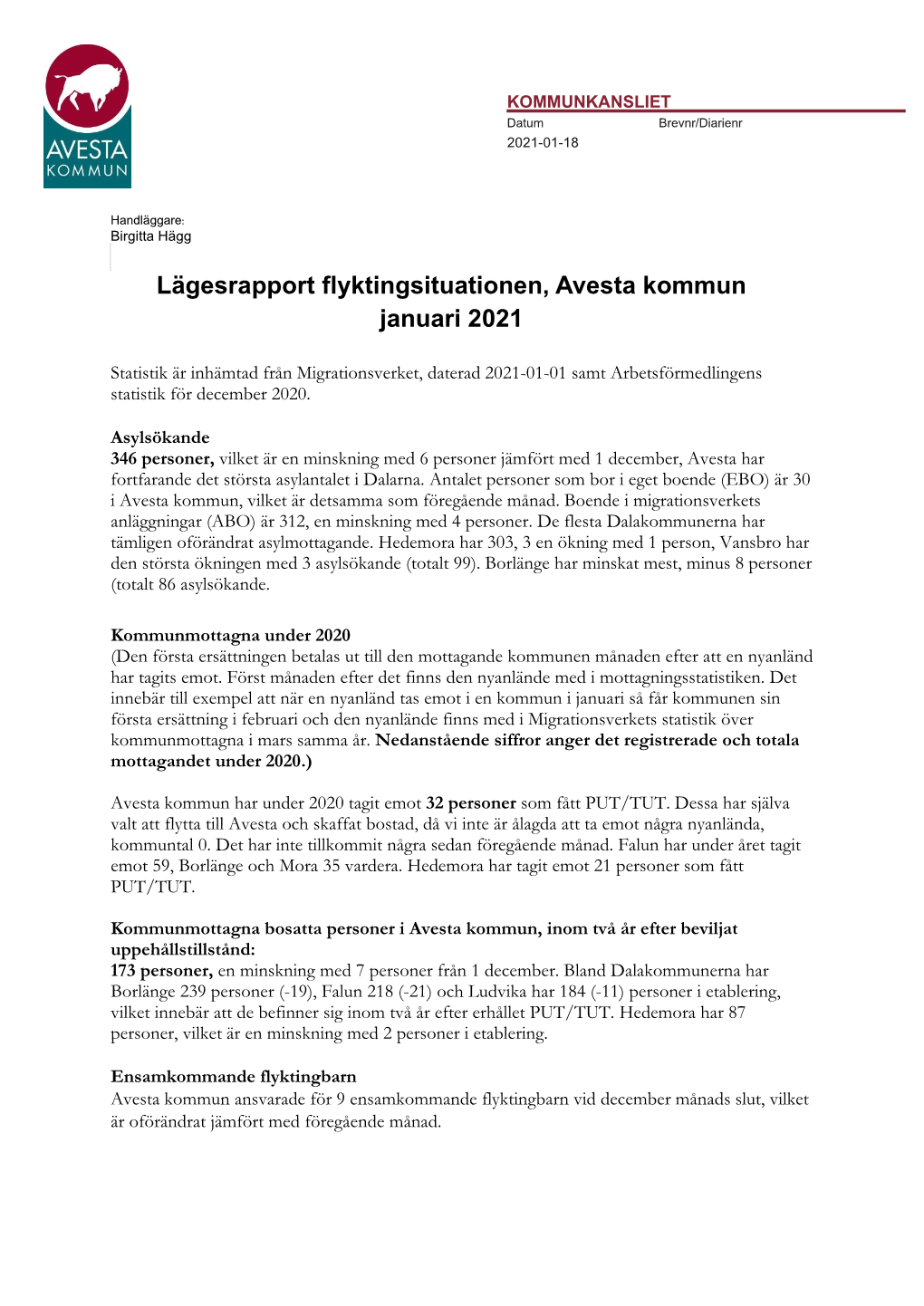 Lägesrapport Flyktingsituationen, Avesta Kommun Januari 2021