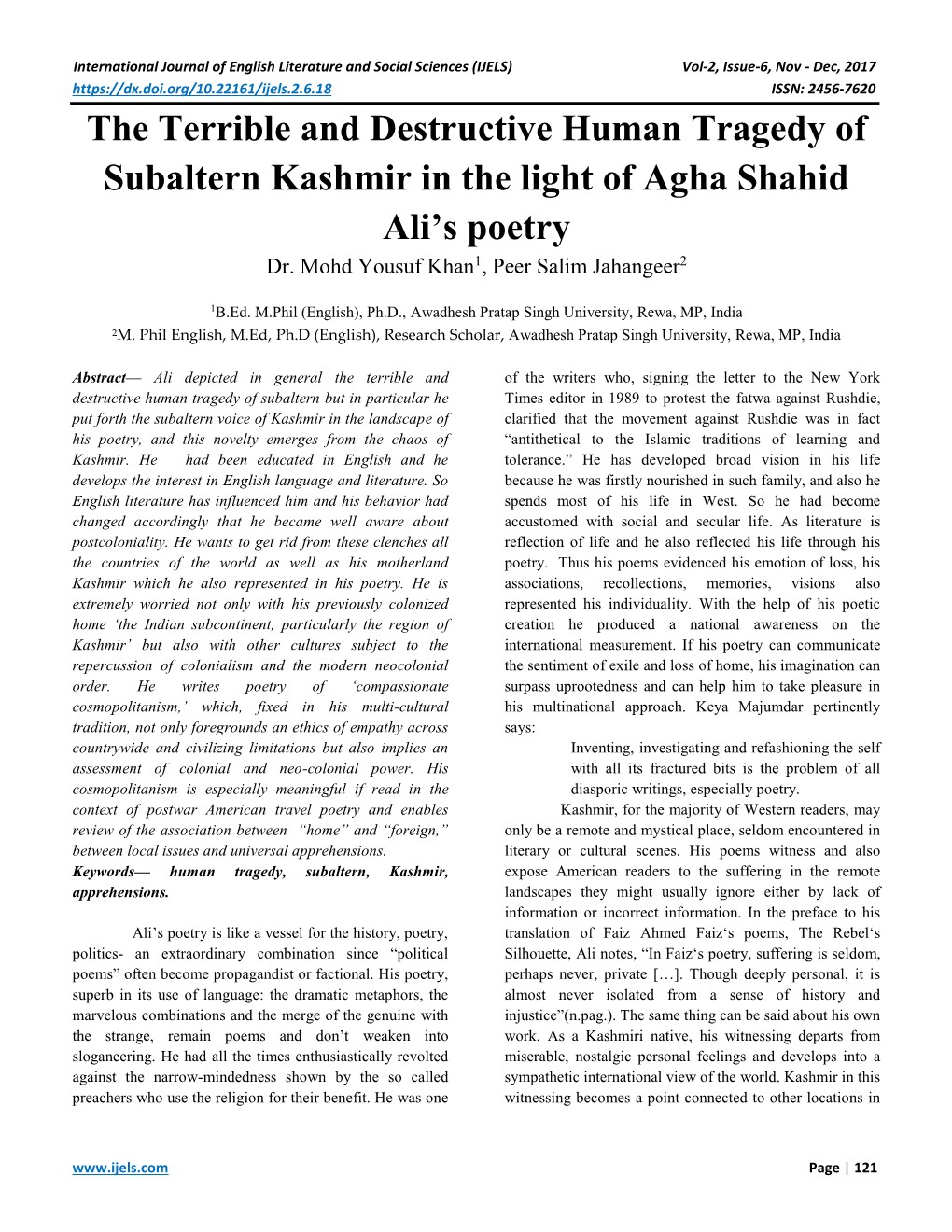 The Terrible and Destructive Human Tragedy of Subaltern Kashmir in the Light of Agha Shahid Ali’S Poetry Dr