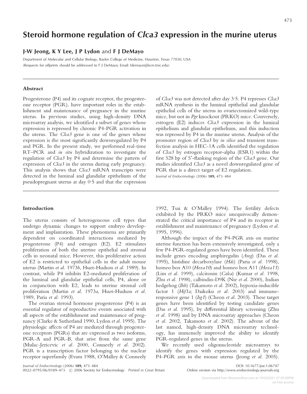 Steroid Hormone Regulation of Clca3 Expression in the Murine Uterus