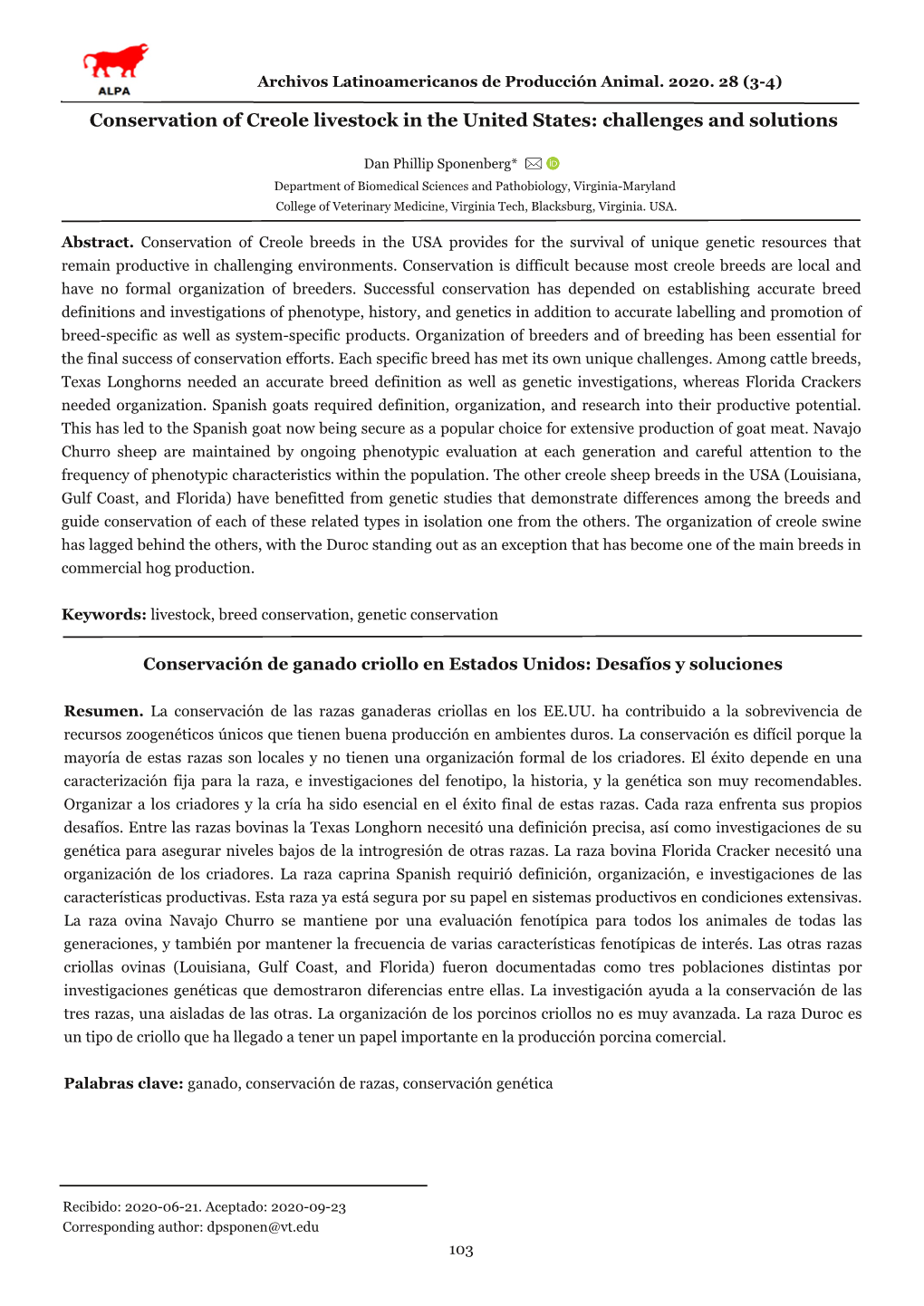 Conservation of Creole Livestock in the United States: Challenges and Solutions