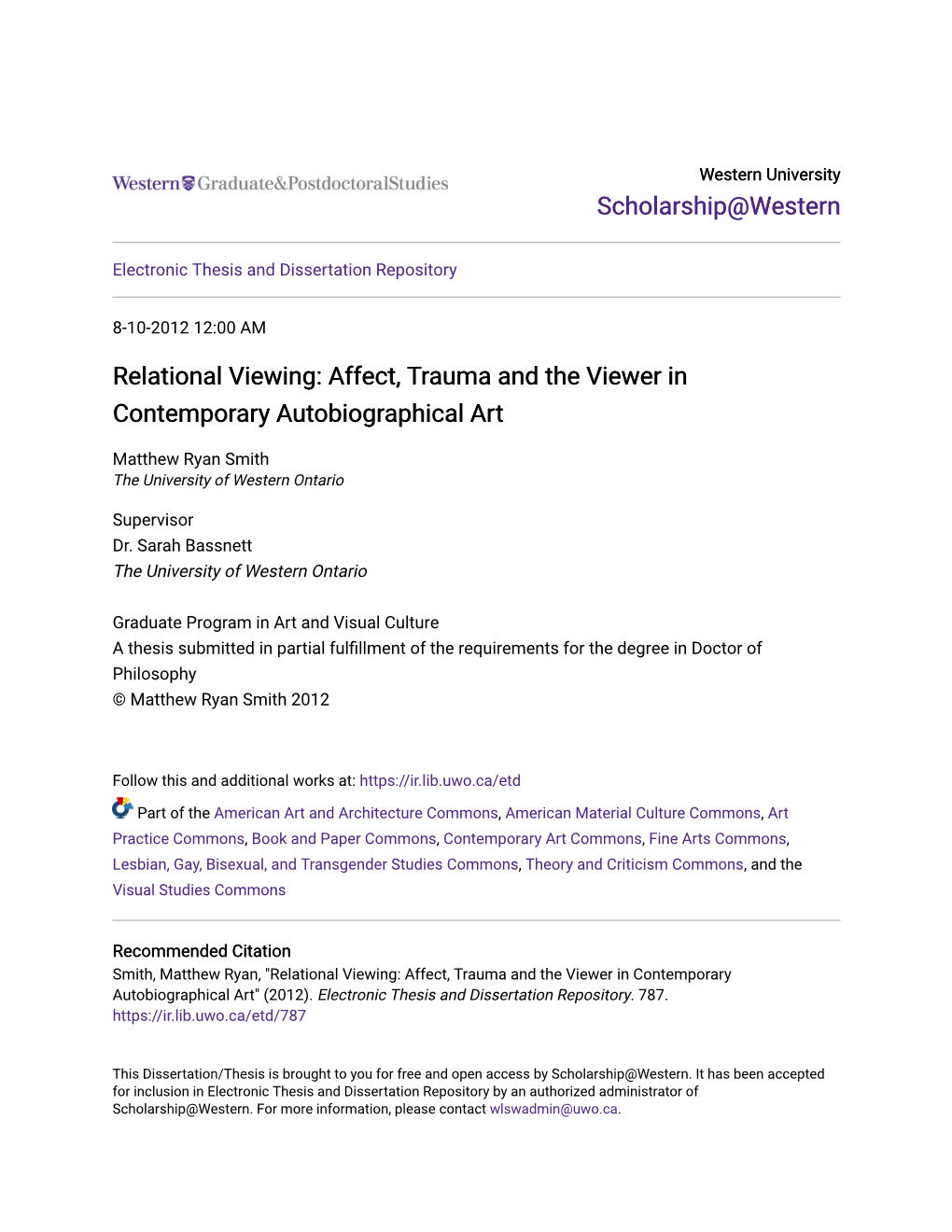 Relational Viewing: Affect, Trauma and the Viewer in Contemporary Autobiographical Art