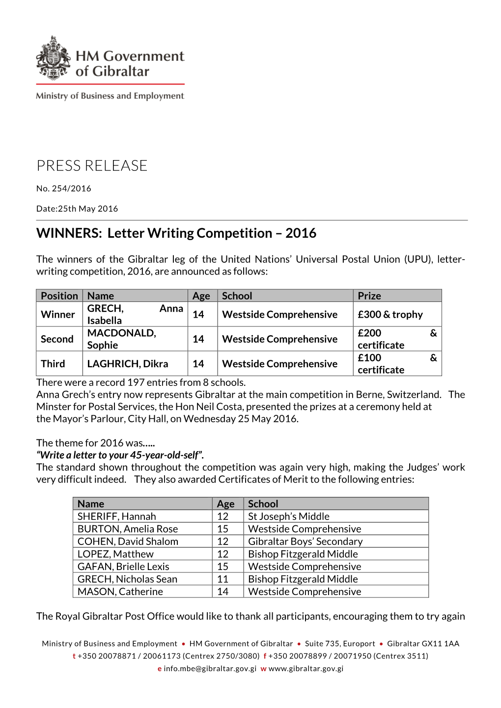 WINNERS: Letter Writing Competition – 2016