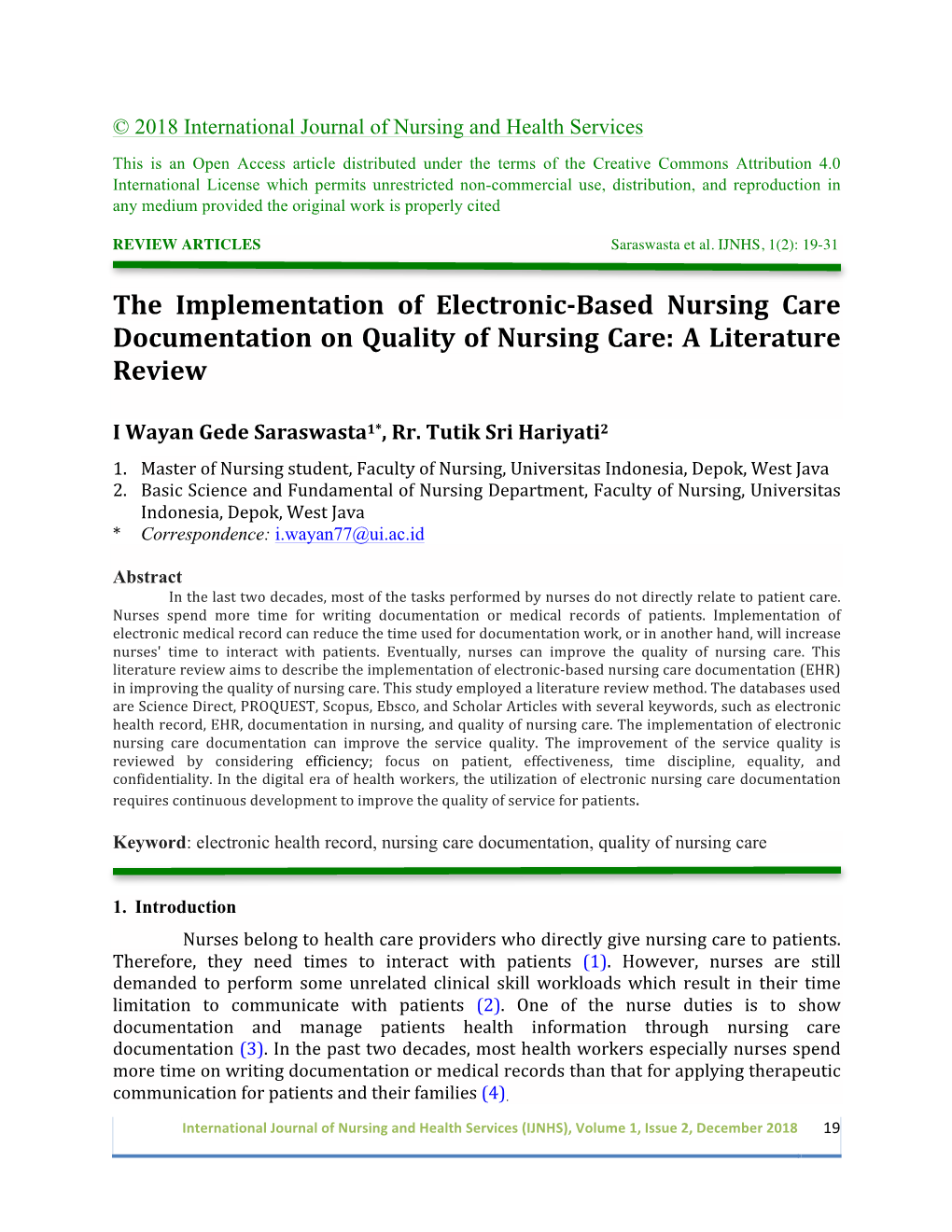 The Implementation of Electronic-Based Nursing Care Documentation on Quality of Nursing Care: a Literature Review