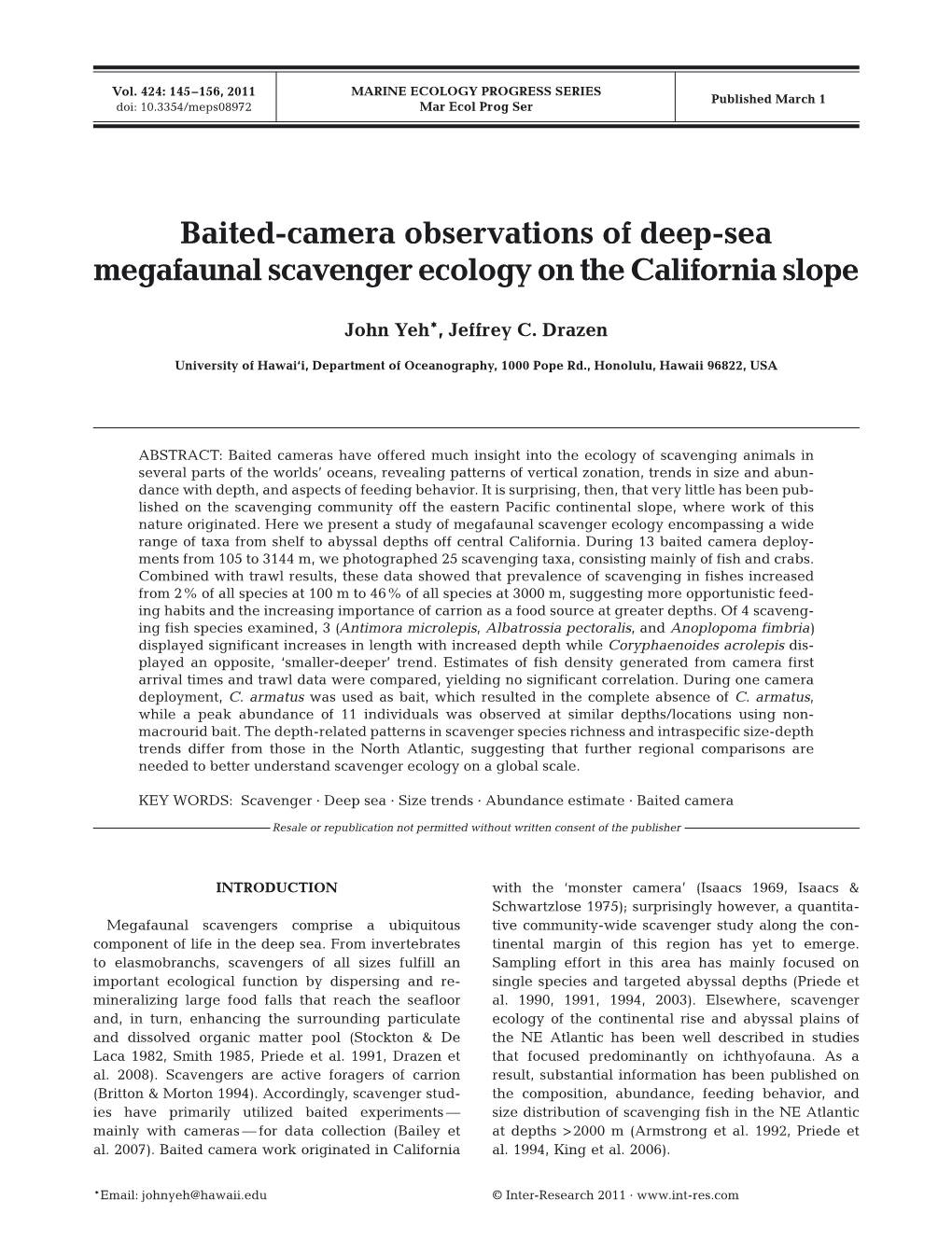 Baited-Camera Observations of Deep-Sea Megafaunal Scavenger Ecology on the California Slope