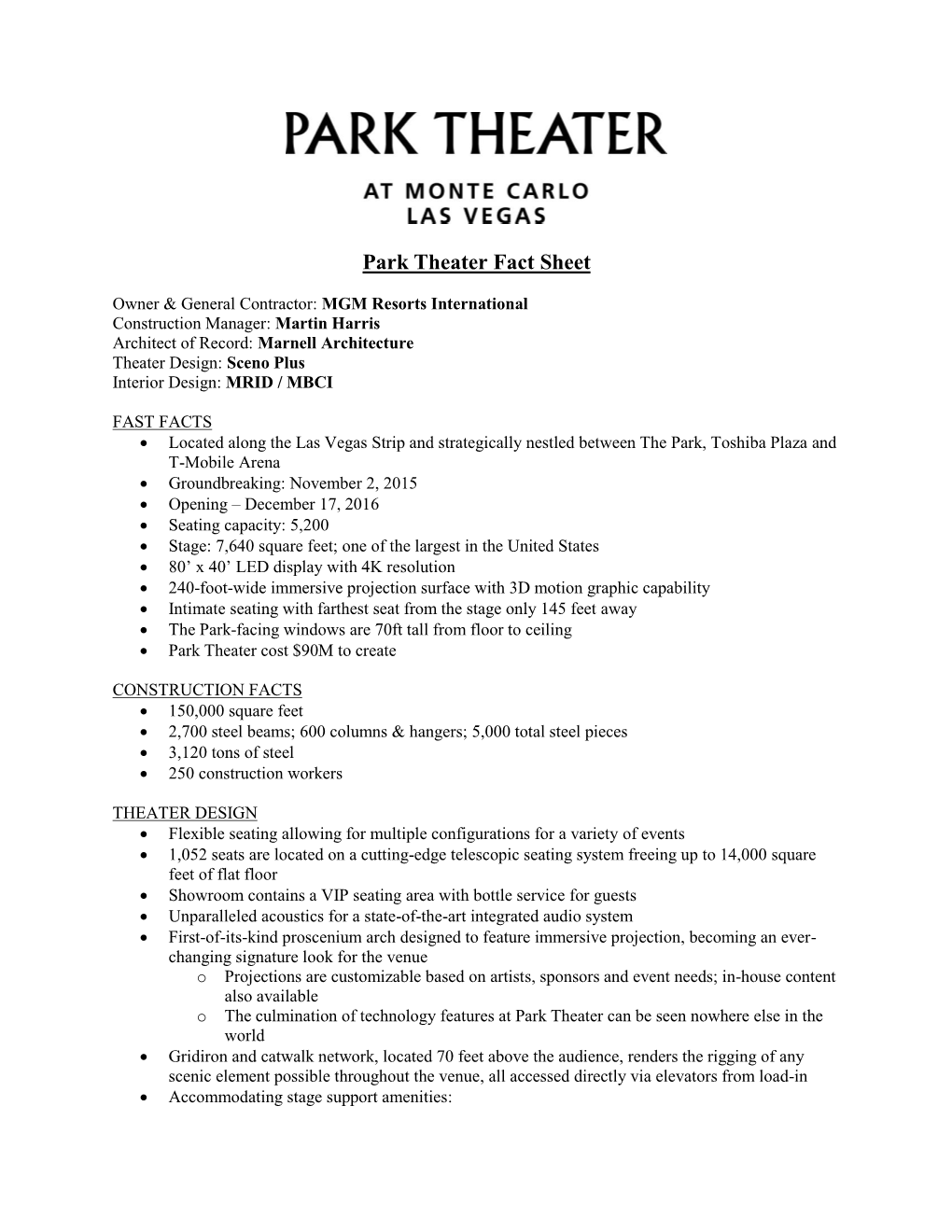 Park Theater Fact Sheet