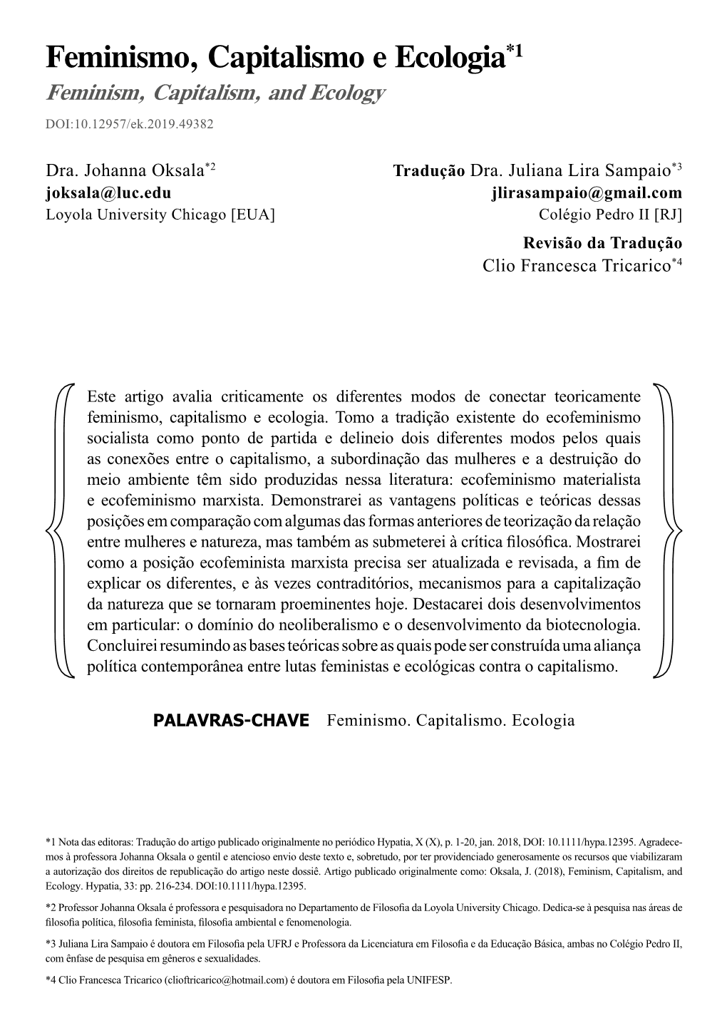 Feminismo, Capitalismo E Ecologia*1 Feminism, Capitalism, and Ecology