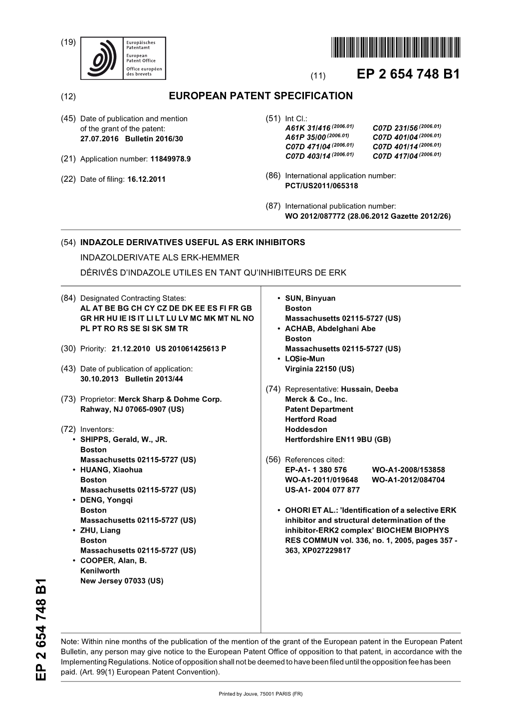 Indazole Derivatives Useful As Erk Inhibitors Indazolderivate Als Erk-Hemmer Dérivés D’Indazole Utiles En Tant Qu’Inhibiteurs De Erk