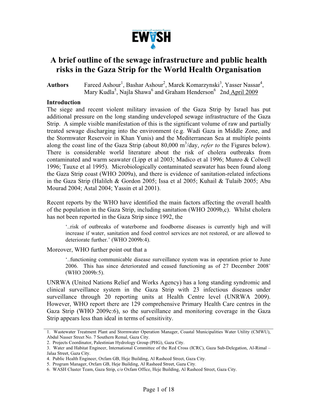 A Brief Outline of the Sewage Infrastructure and Public Health Risks in the Gaza Strip for the World Health Organisation