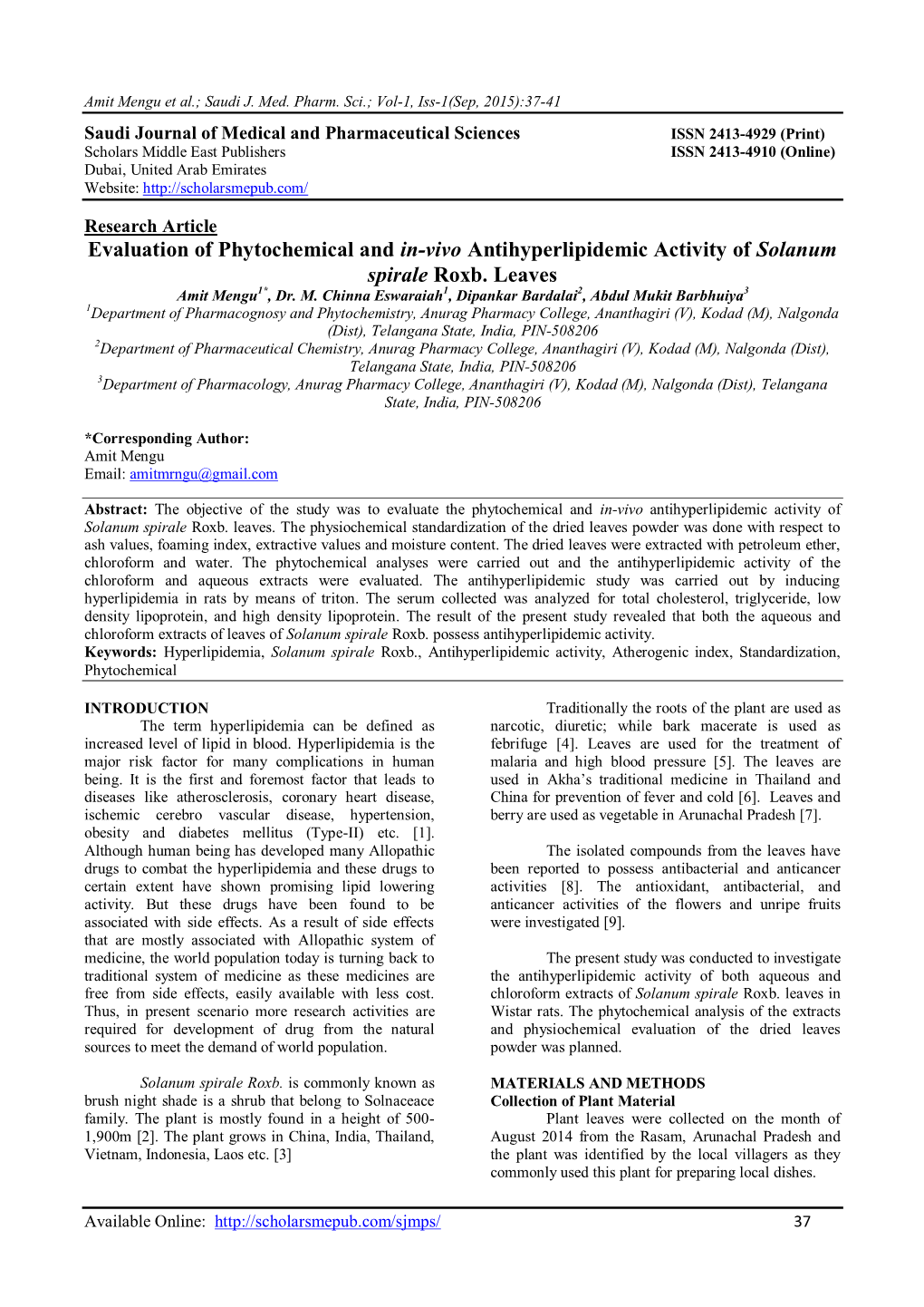 Evaluation of Phytochemical and In-Vivo Antihyperlipidemic Activity of Solanum Spirale Roxb