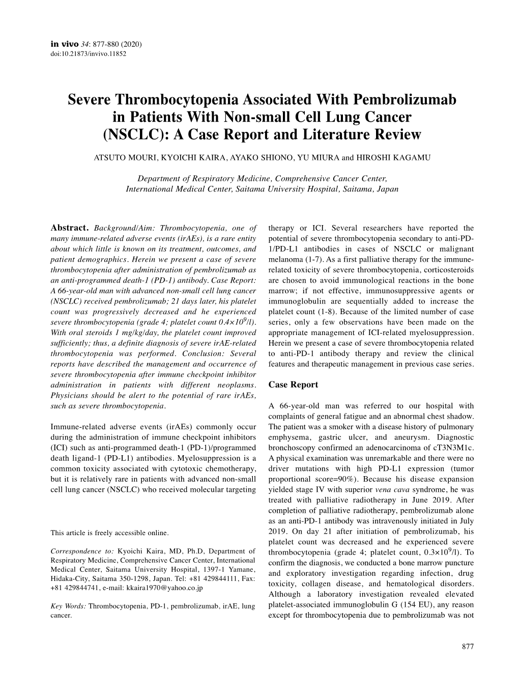 Severe Thrombocytopenia Associated with Pembrolizumab in Patients