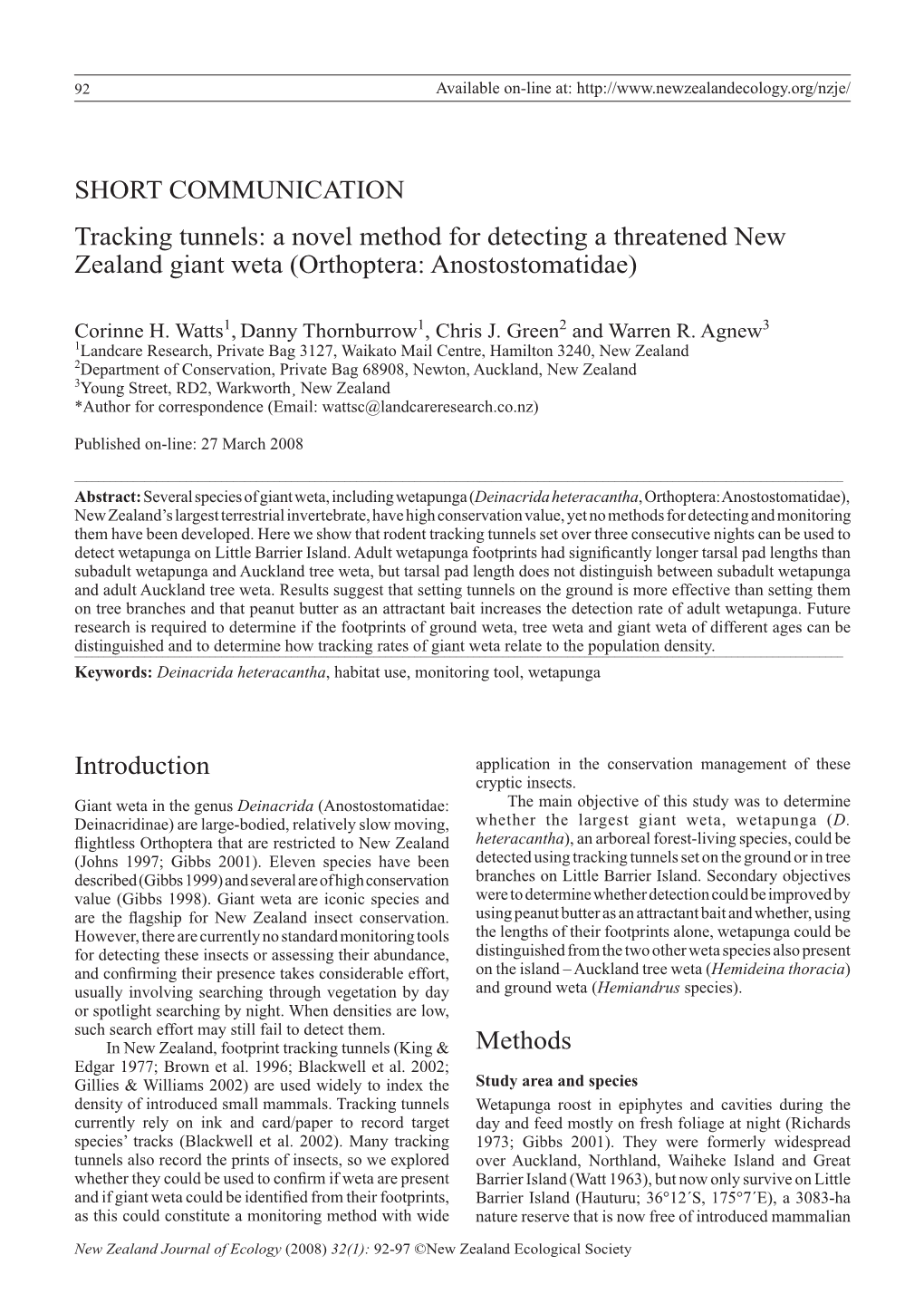 A Novel Method for Detecting a Threatened New Zealand Giant Weta (Orthoptera: Anostostomatidae)