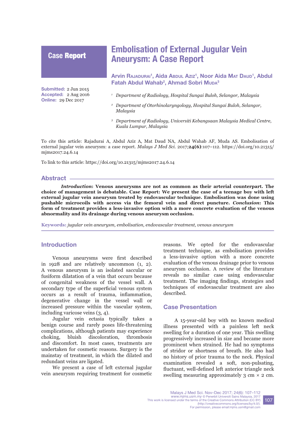 Embolisation of External Jugular Vein Aneurysm: a Case Report