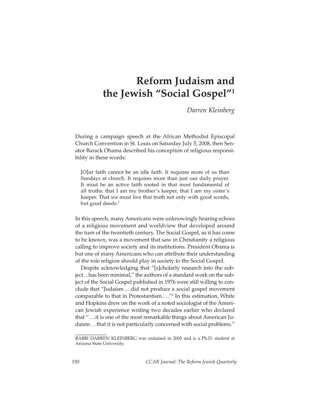Reform Judaism and the Jewish “Social Gospel”1