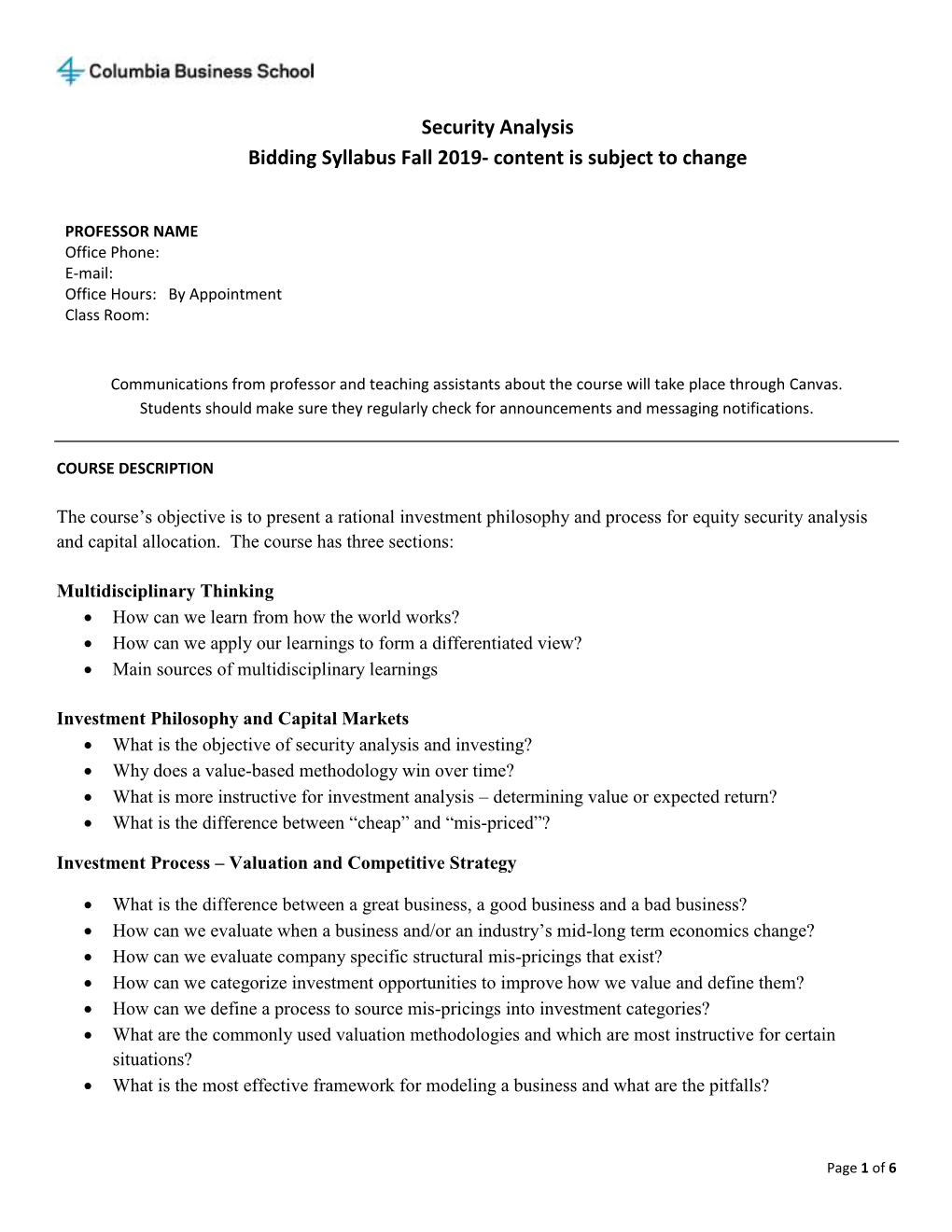 Security Analysis Bidding Syllabus Fall 2019- Content Is Subject to Change