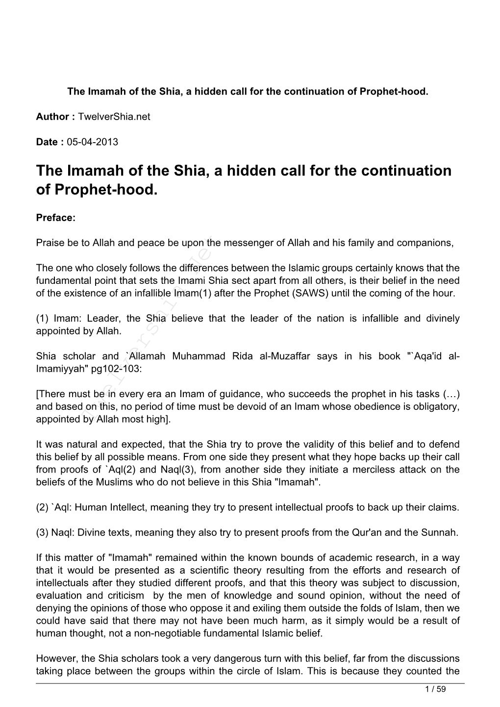 The Imamah of the Shia, a Hidden Call for the Continuation of Prophet-Hood