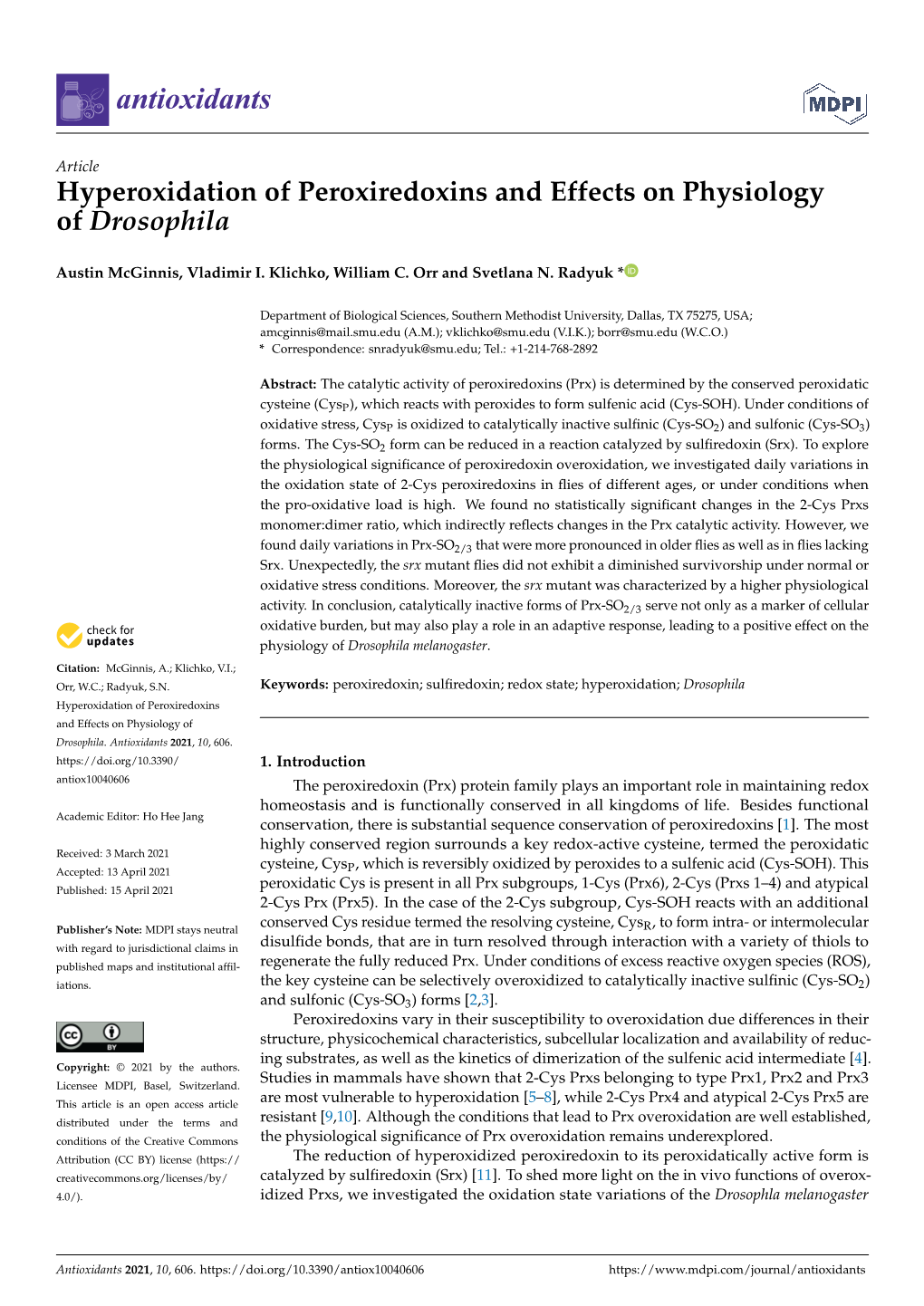 Hyperoxidation of Peroxiredoxins and Effects on Physiology of Drosophila