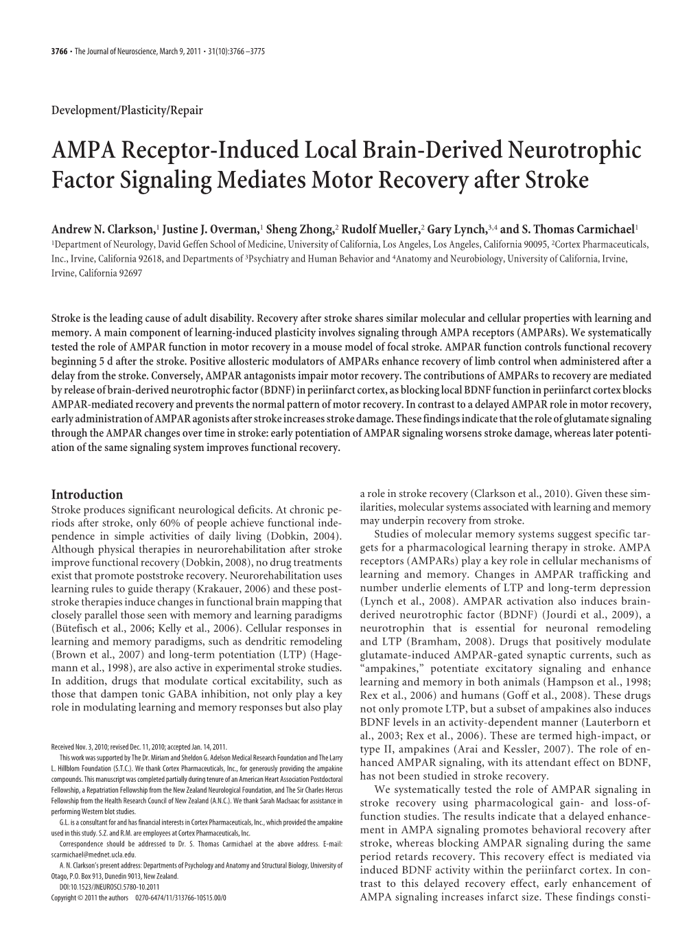 AMPA Receptor-Induced Local Brain-Derived Neurotrophic Factor Signaling Mediates Motor Recovery After Stroke