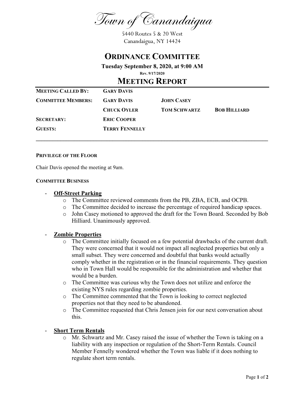 ORDINANCE COMMITTEE Tuesday September 8, 2020, at 9:00 AM Rev