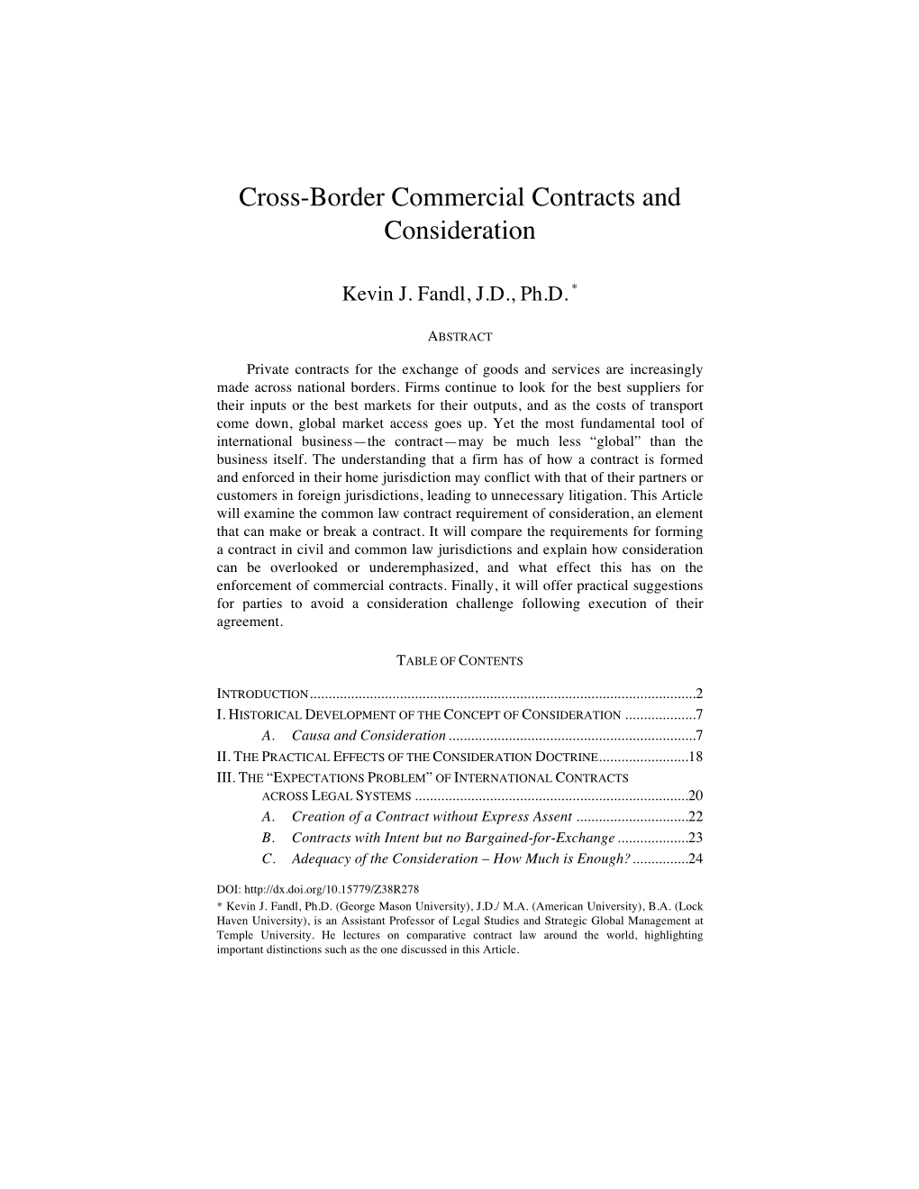 Cross-Border Commercial Contracts and Consideration