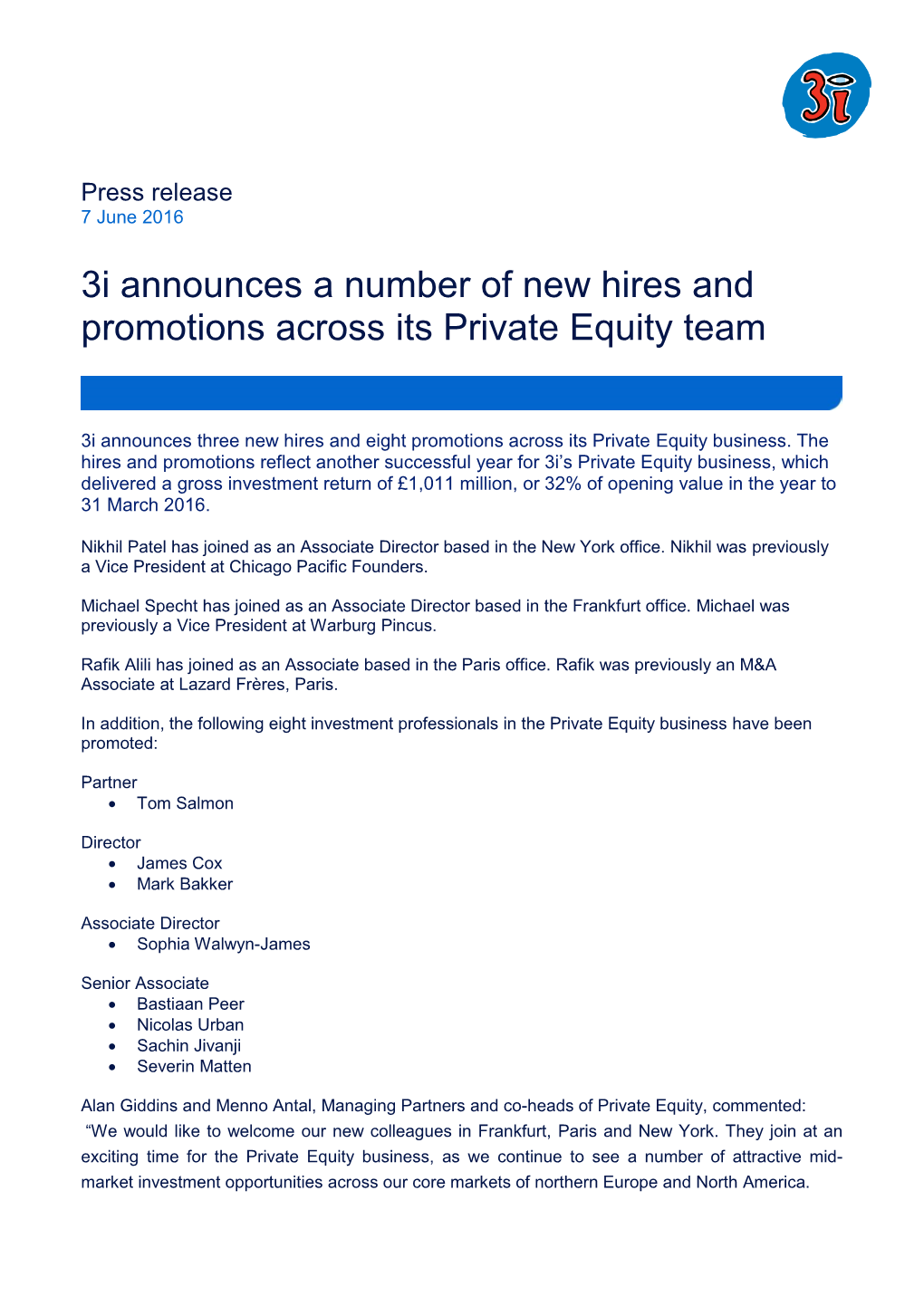 3I Announces a Number of New Hires and Promotions Across Its Private Equity Team