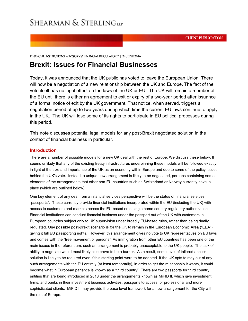 Brexit: Issues for Financial Businesses