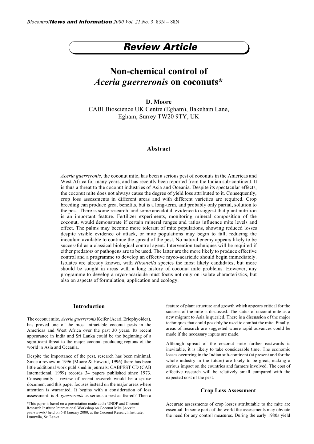 Non-Chemical Control of Aceria Guerreronis on Coconuts* Review