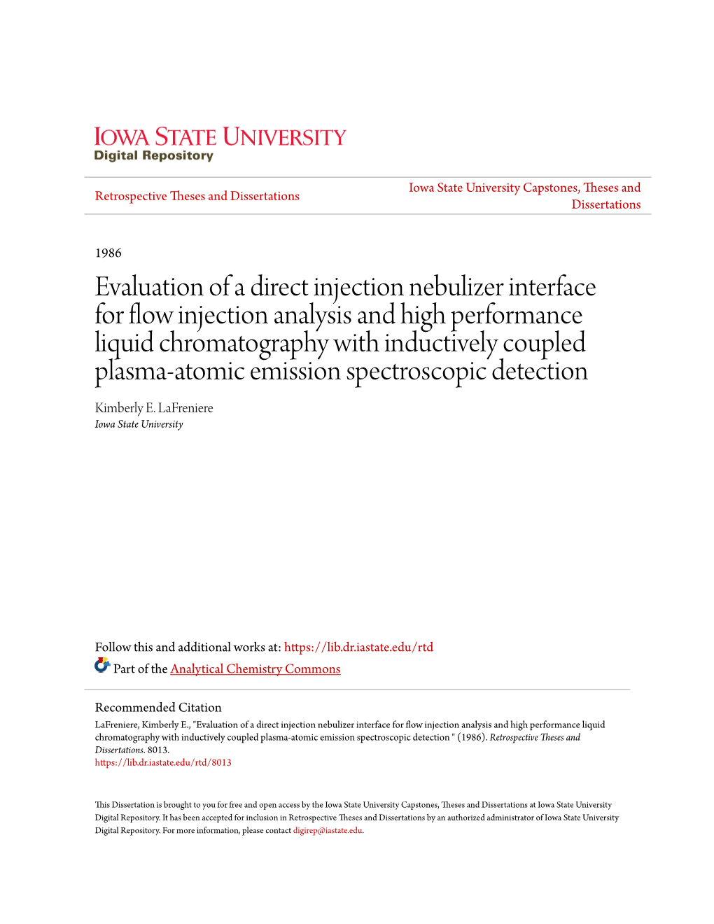 Evaluation of a Direct Injection Nebulizer Interface for Flow Injection Analysis and High Performance Liquid Chromatography With