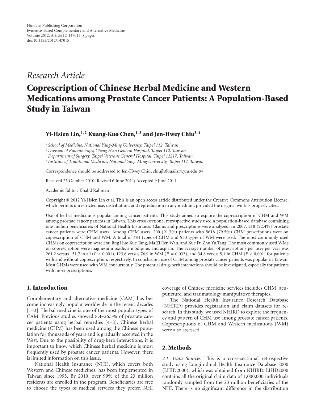 Research Article Coprescription of Chinese Herbal Medicine and Western Medications Among Prostate Cancer Patients: a Population-Based Study in Taiwan