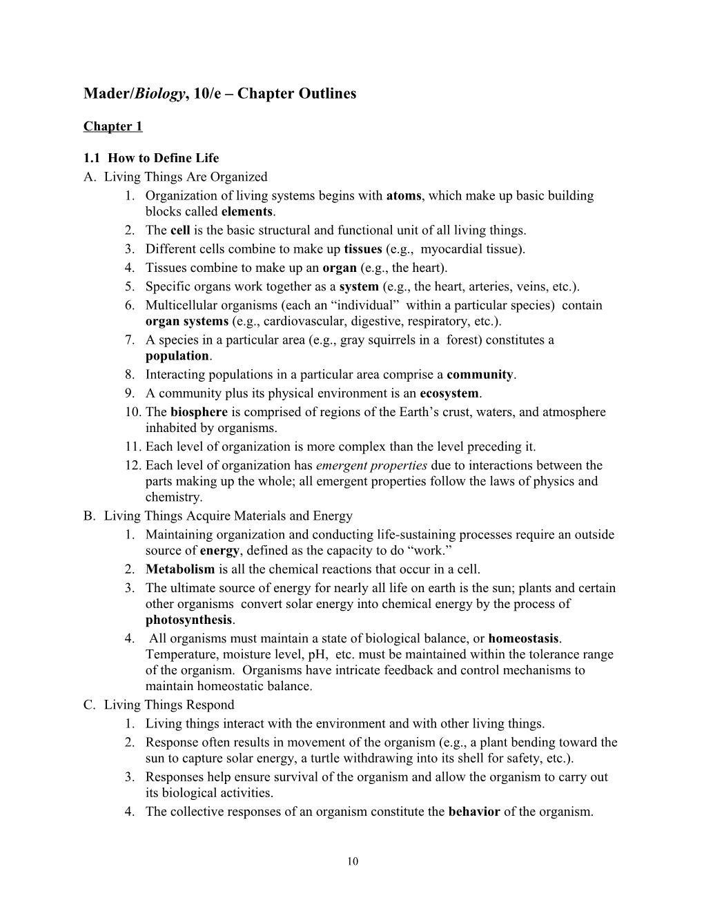 Mader/Biology, 10/E Chapter Outlines