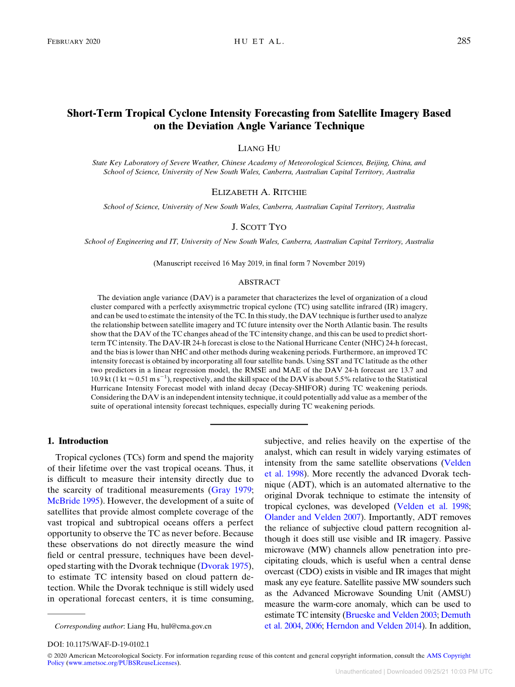 Short-Term Tropical Cyclone Intensity Forecasting from Satellite Imagery Based on the Deviation Angle Variance Technique