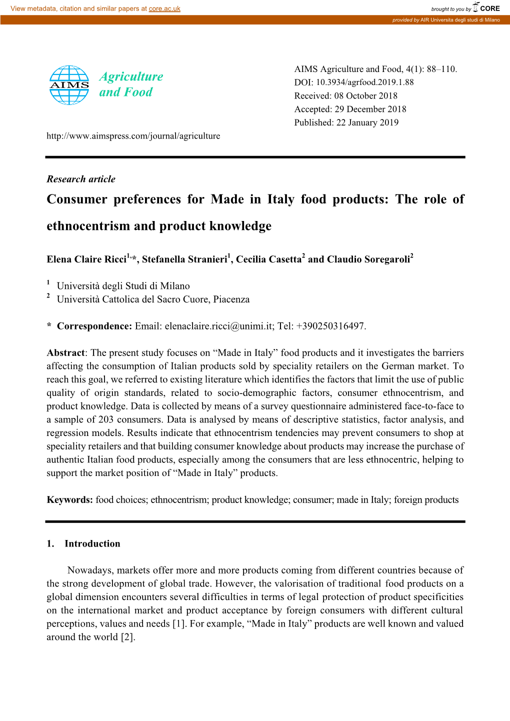 Consumer Preferences for Made in Italy Food Products: the Role of Ethnocentrism and Product Knowledge