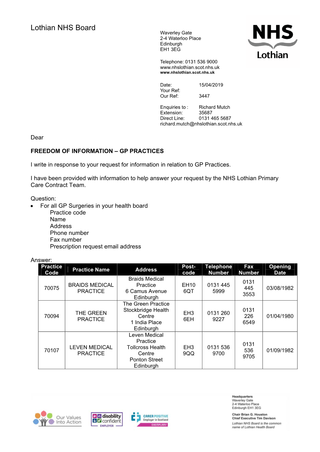 Lothian NHS Board Waverley Gate 2-4 Waterloo Place Edinburgh EH1 3EG