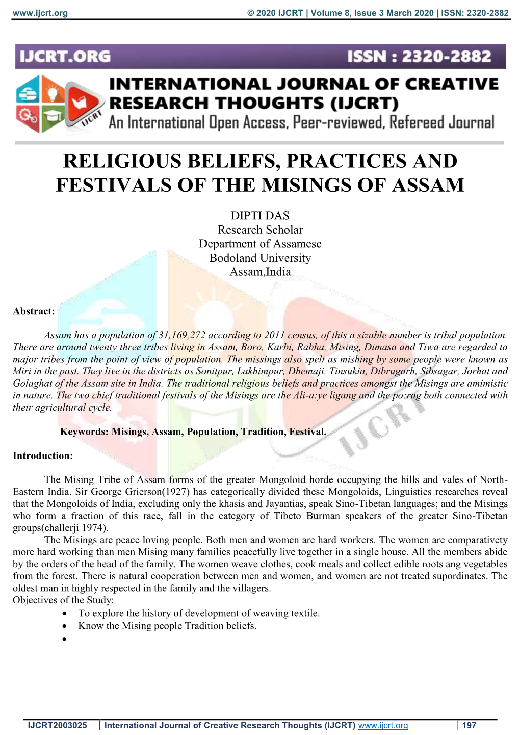 Religious Beliefs, Practices and Festivals of the Misings of Assam