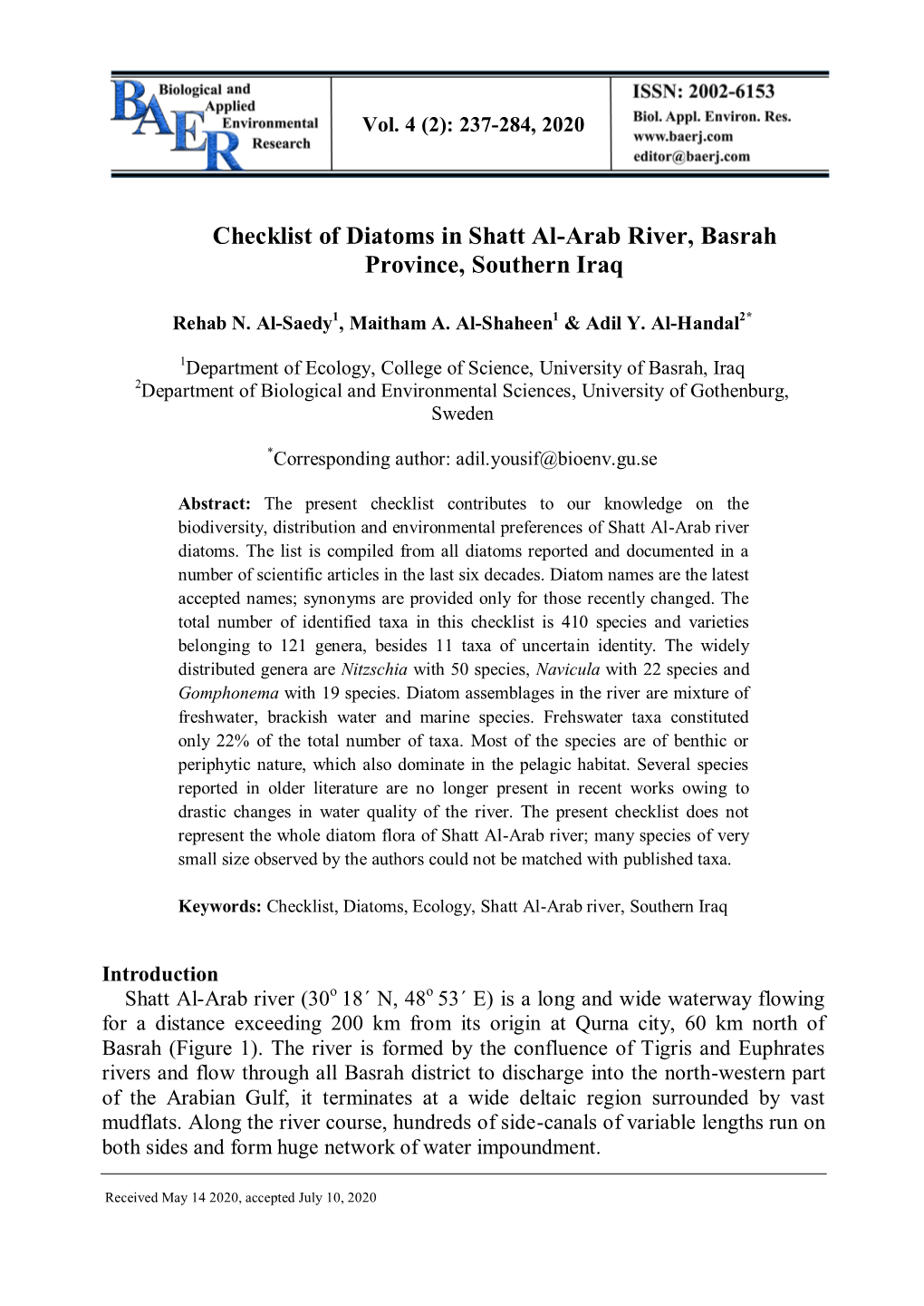 Checklist of Diatoms in Shatt Al-Arab River, Basrah Province, Southern Iraq