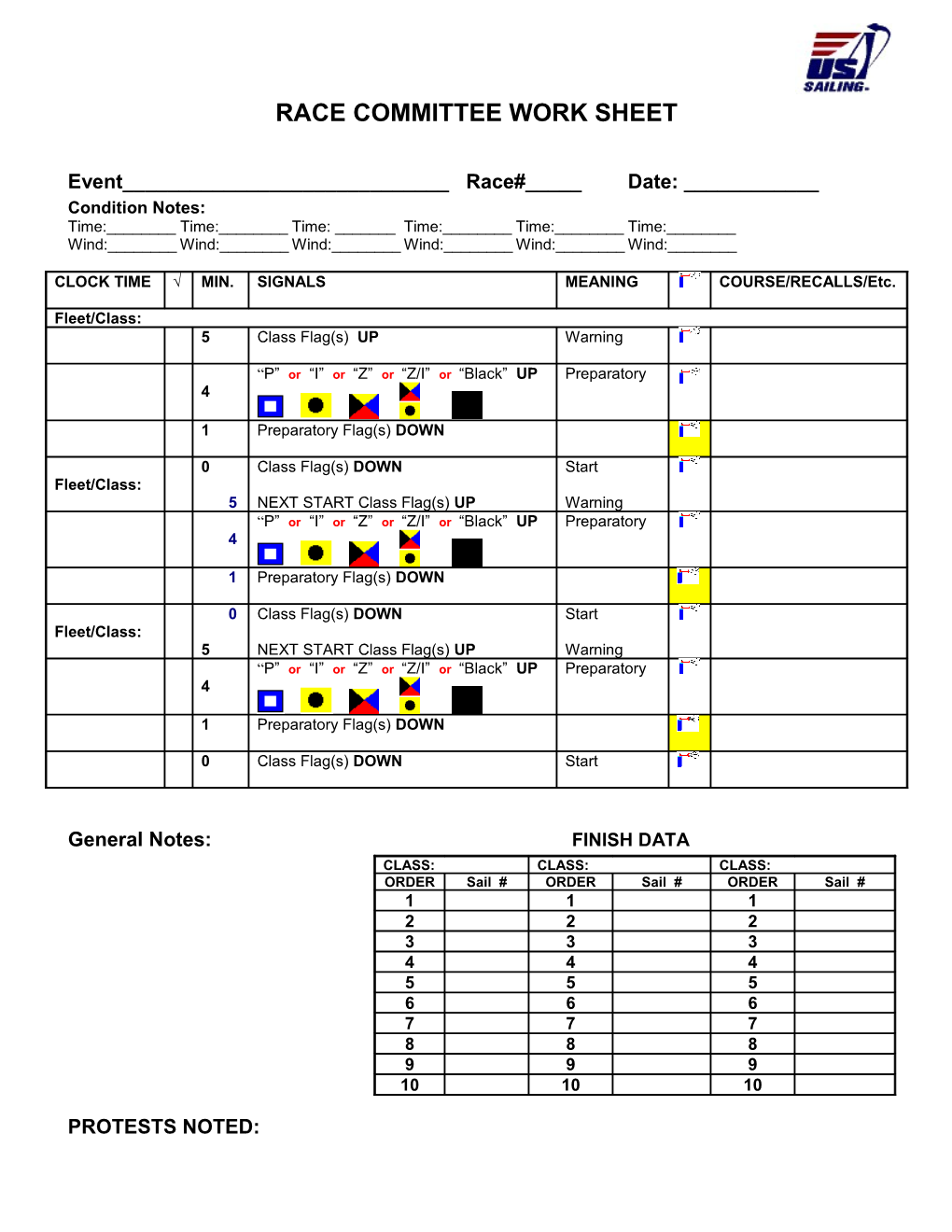 Race Committee Work Sheet