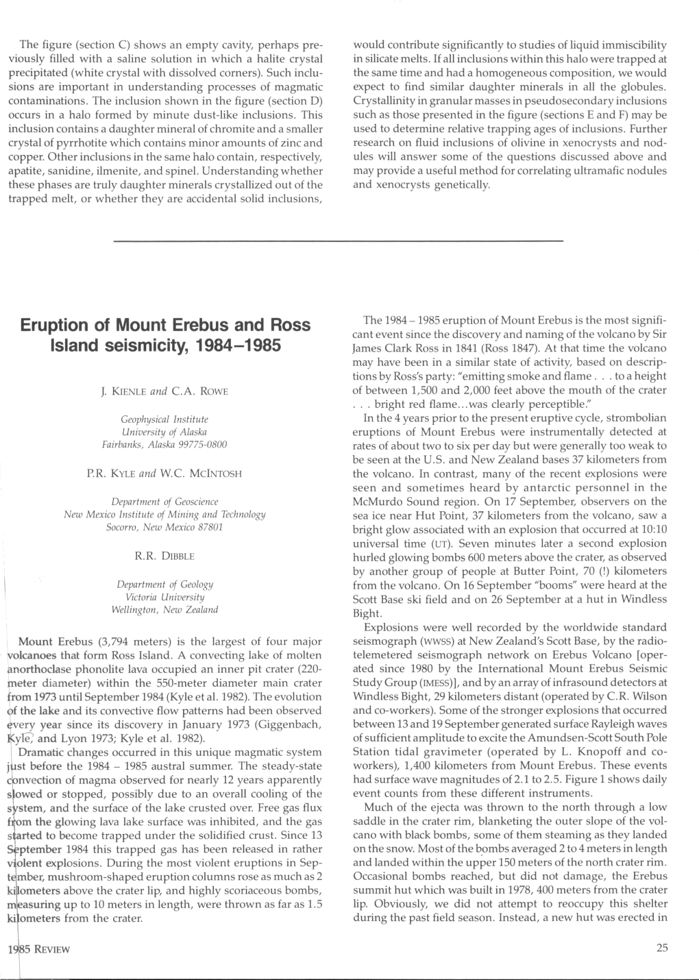 Eruption of Mount Erebus and Ross Island Seismicity, 1984-1985