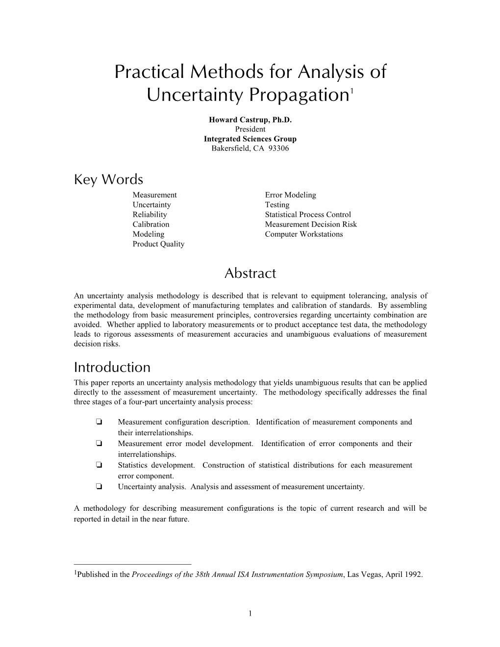 Practical Methods for Analysis of Uncertainty Propagation1